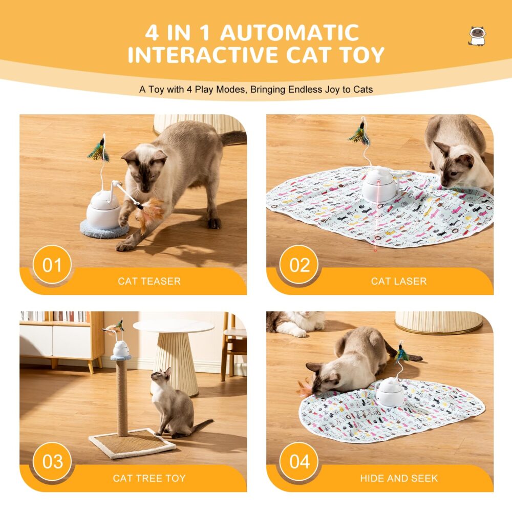 6541  Automatic interactive Cat toy, 4-in-1 rechargeable cat Laser toy for indoor,2 feathers and lid, Hide and Seek cat toy for cat exercise and relief from boredom (white) #JL01-USA-298-W - Image 4