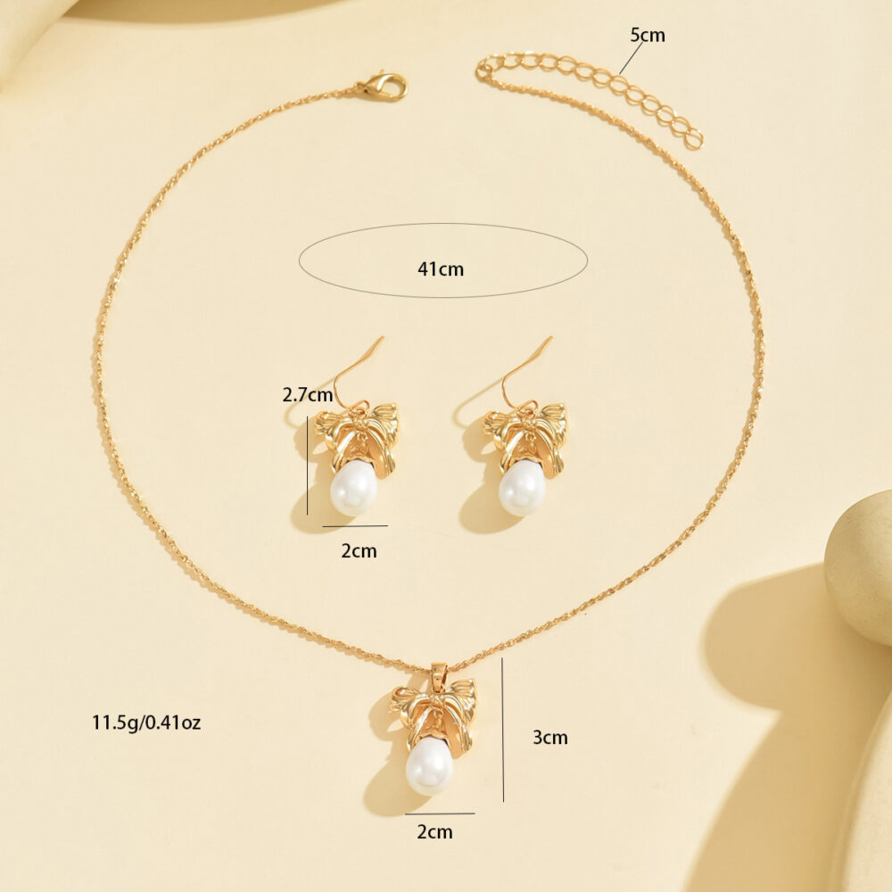6541  Elegant Gold-Toned Bow & Pearl  Jewelry Set - Necklace & Earrings #JL01-WJ-0175 - Image 2
