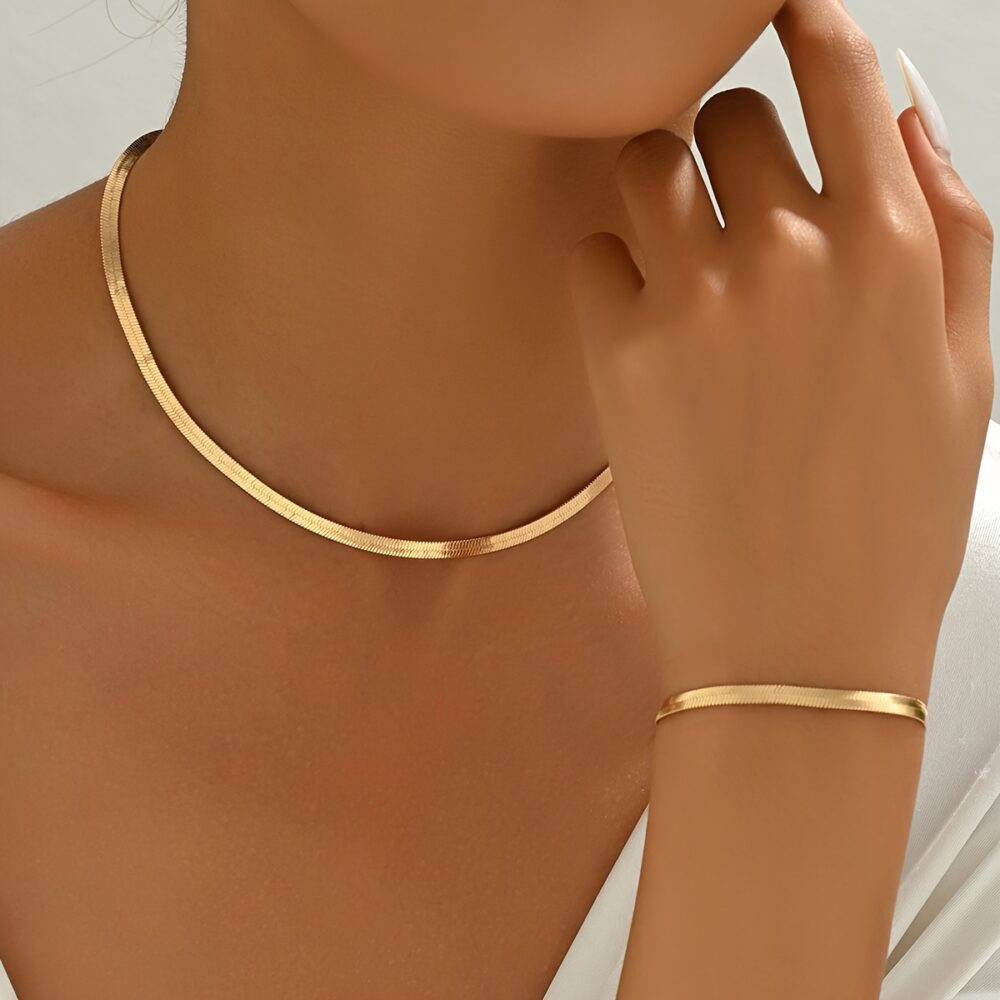 6541  2 Pieces Snake Chain Set 18K Gold Plated Necklace Bracelet Set  Womens Snake Jewelry Set Stainless Steel Necklace Anklet Jewelry #JL01-WJ-0127 - Image 4