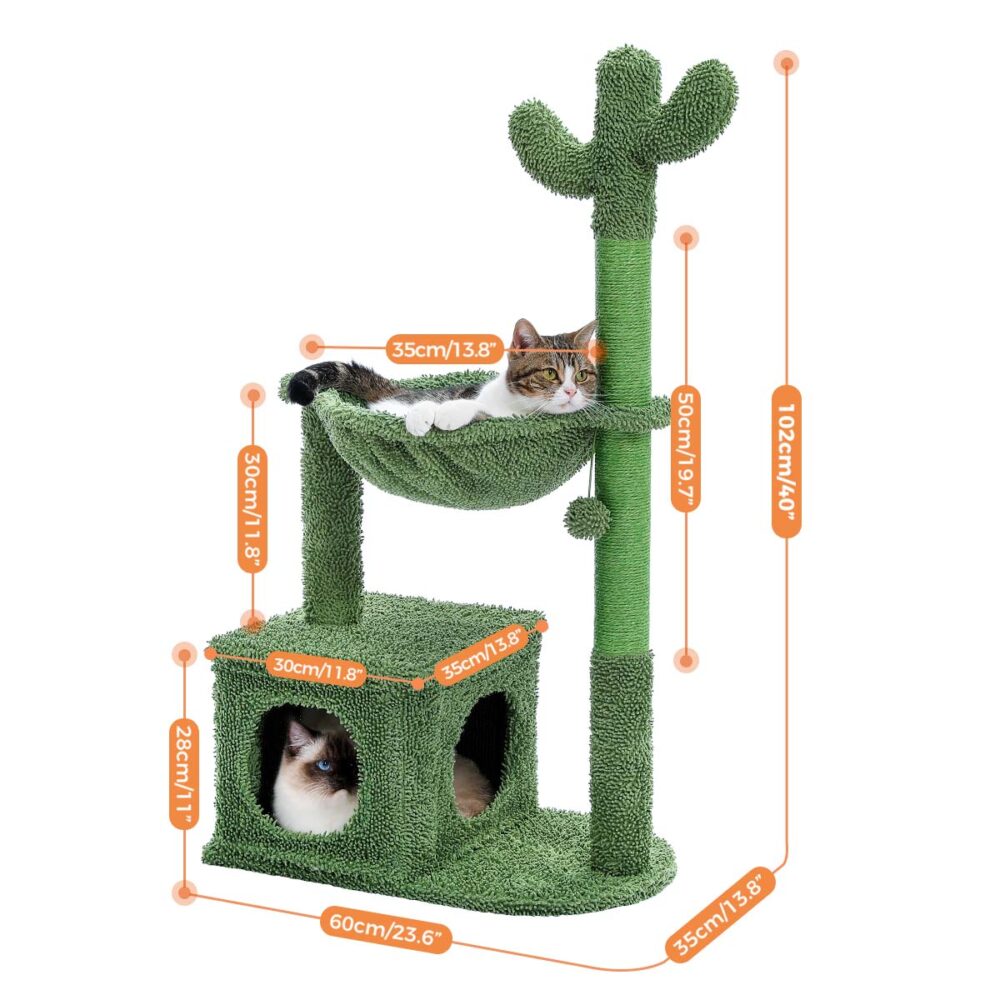 Cactus Cat Tree 40" Cat Tower with Large Metal Carpet Hammock, Cat Scratching Post for Indoor Cats with Condo& Dangling Ball, Green #JL06-67161773 - Image 4
