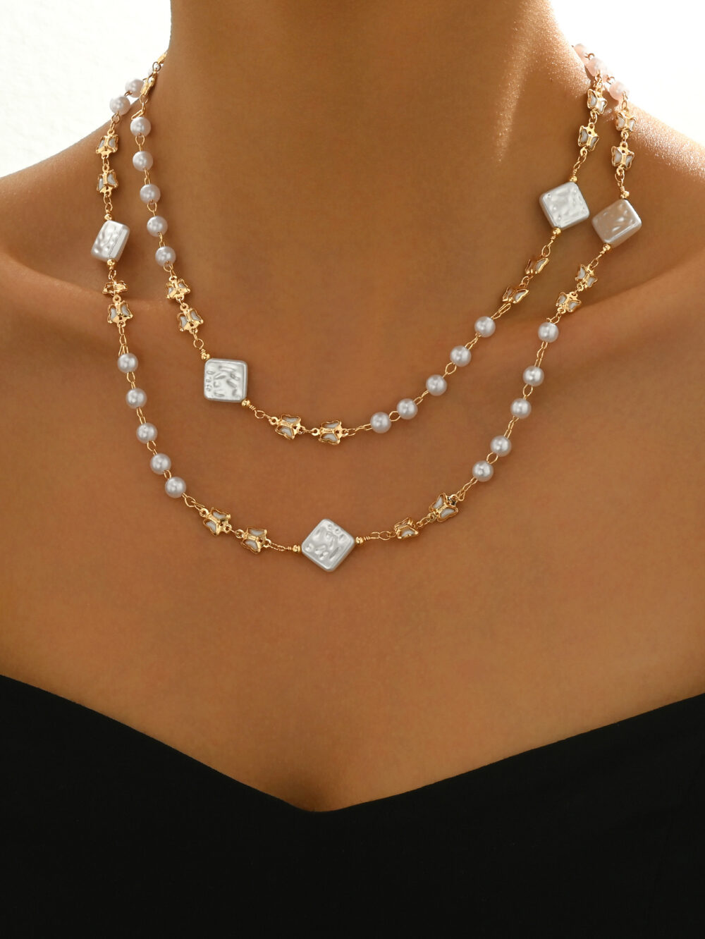 6541  Elegant Double Layer Pearl and Square Bead Necklace -  Stylish and Feminine Jewelry for Young Women #JL01-WJ-0168 - Image 6
