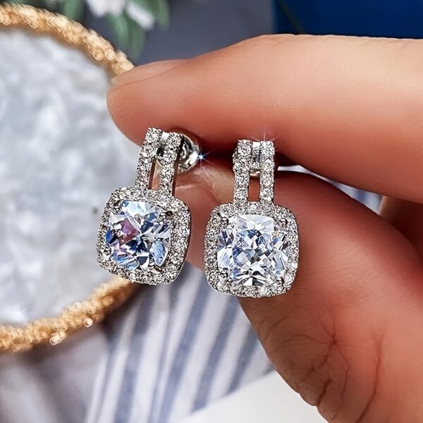 6541  2CT Cushion Moissanite Stud Drop Earrings D Color Lab Created Diamond Sterling Silver  Platinum Plated Square Halo Earrings for Women Birthday Jewelry Gifts  #JL01-WJ-S0039 - Image 3
