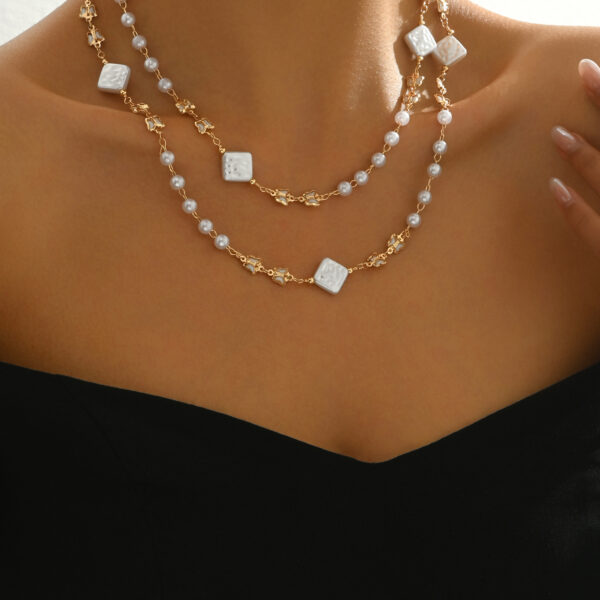 6541  Elegant Double Layer Pearl and Square Bead Necklace -  Stylish and Feminine Jewelry for Young Women #JL01-WJ-0168 - Image 5