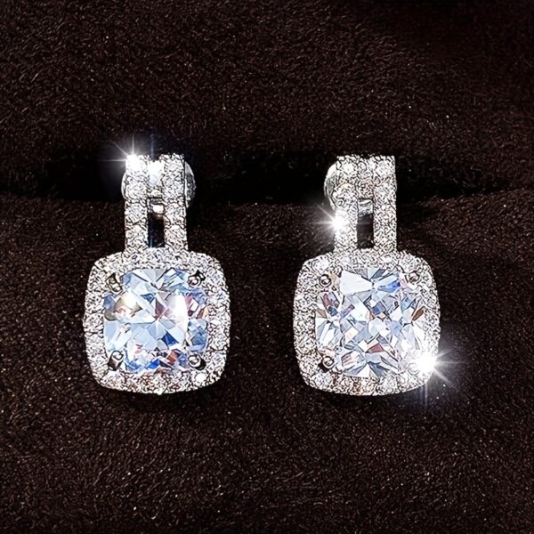 6541  2CT Cushion Moissanite Stud Drop Earrings D Color Lab Created Diamond Sterling Silver  Platinum Plated Square Halo Earrings for Women Birthday Jewelry Gifts  #JL01-WJ-S0039