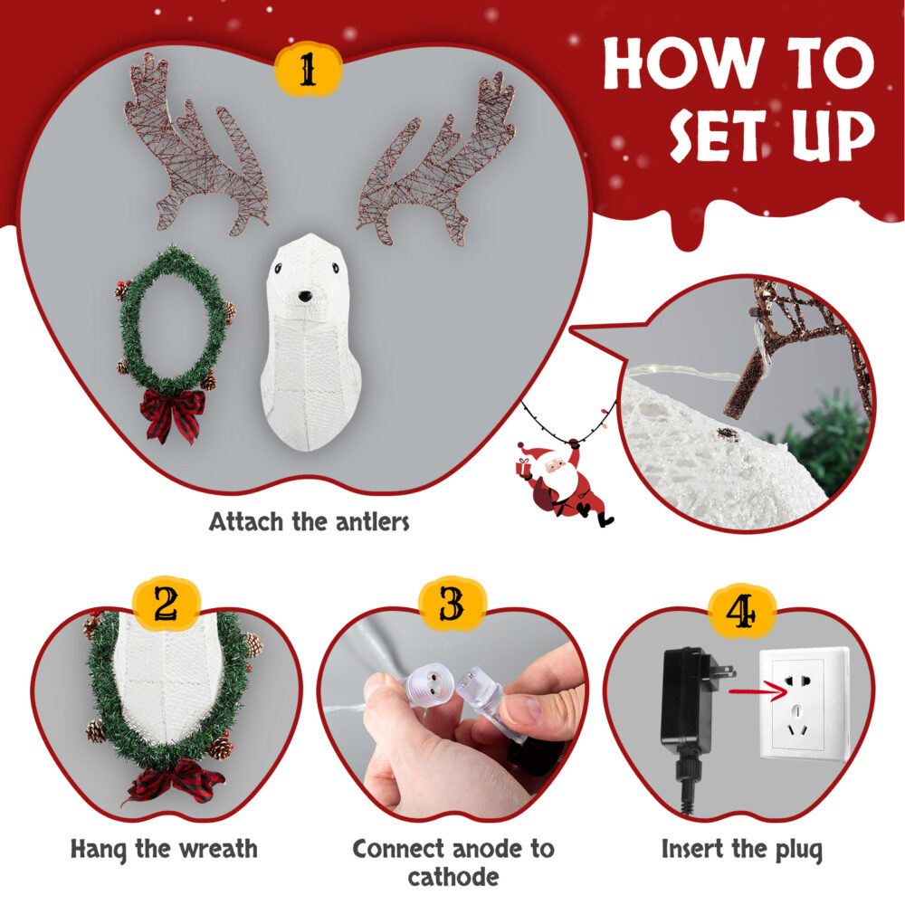 Lighted Christmas Wall Decor Reindeer Head, 39" Pre-lit 3D Rudolph Hanging Wreath for Front Door Window Indoor Outdoor Xmas Decor Lighted Holiday Displays #SY-00204595 - Image 7