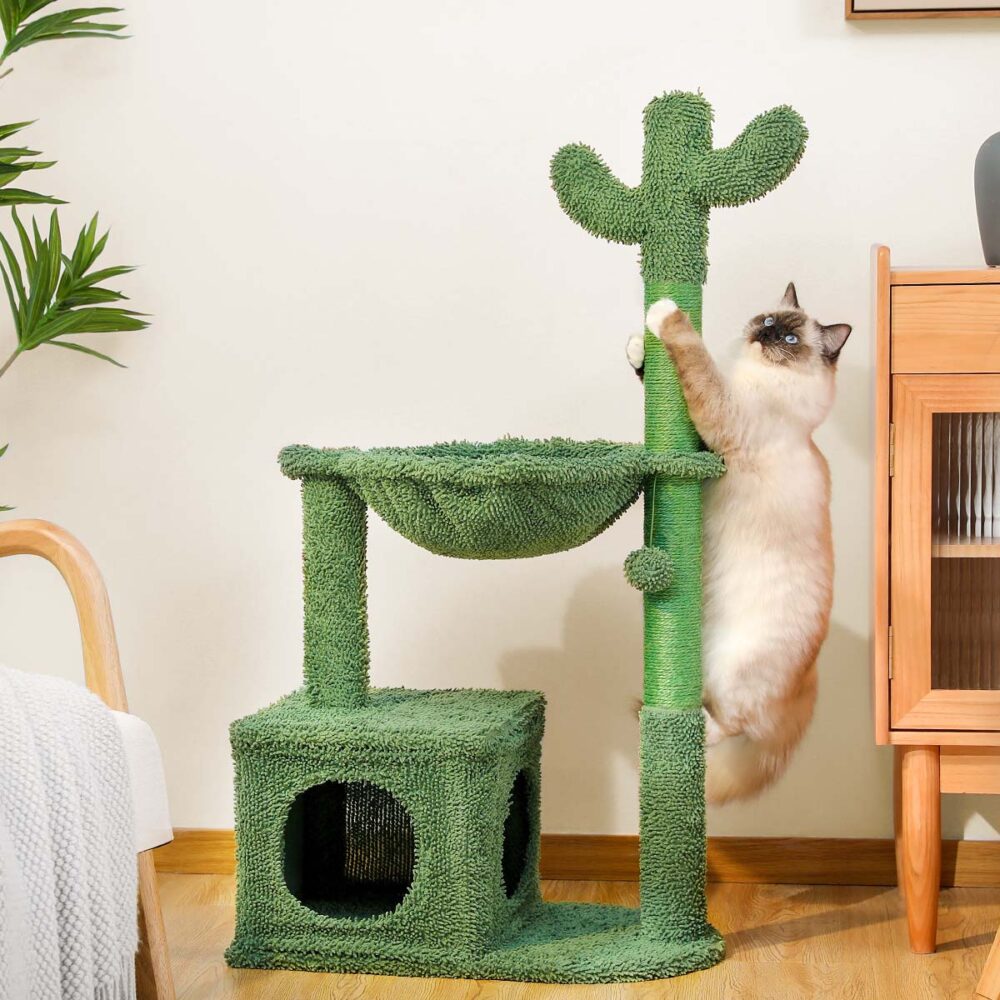 Cactus Cat Tree 40" Cat Tower with Large Metal Carpet Hammock, Cat Scratching Post for Indoor Cats with Condo& Dangling Ball, Green #JL06-67161773