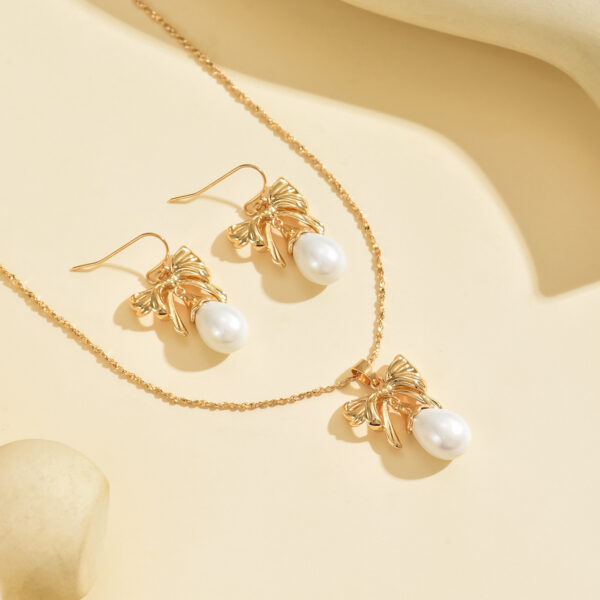 6541  Elegant Gold-Toned Bow & Pearl  Jewelry Set - Necklace & Earrings #JL01-WJ-0175 - Image 4