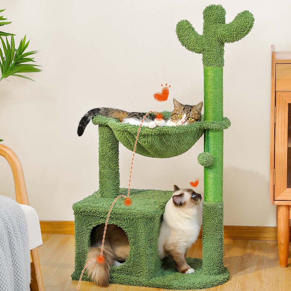 Cactus Cat Tree 40" Cat Tower with Large Metal Carpet Hammock, Cat Scratching Post for Indoor Cats with Condo& Dangling Ball, Green #JL06-67161773 - Image 5