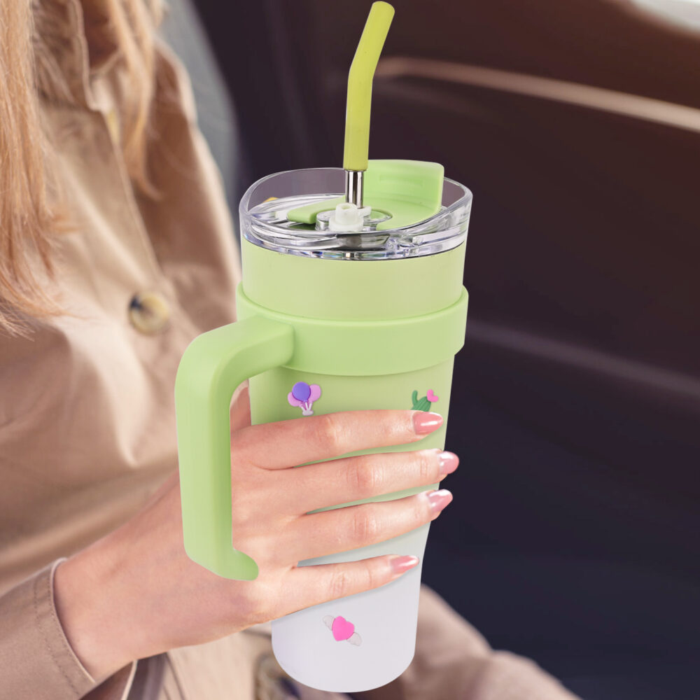 Green - car water cup, thermos cup Large capacity handle car cup high appearance level double drink straw cup cold water bottle #JL02-ZGD-GRADEDGREEN