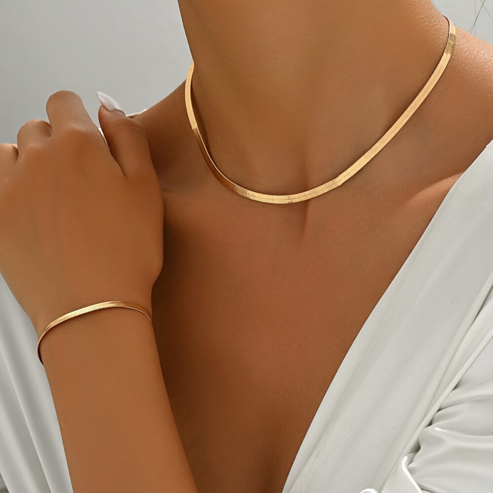 6541  2 Pieces Snake Chain Set 18K Gold Plated Necklace Bracelet Set  Womens Snake Jewelry Set Stainless Steel Necklace Anklet Jewelry #JL01-WJ-0127 - Image 3