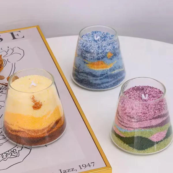 6541  100% palm wax SAND CANDLE SET 150g white color+150g blue color+1 glass cup+10 cotton wicks #JL07-SCSWC001 - Image 9