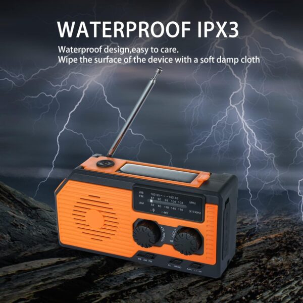 Multi-function solar-powered hand radio - 5000mAh emergency power, AM/FM/NOAA, waterproof flashlight and reading light #JL07-HY068-Orange - Image 5