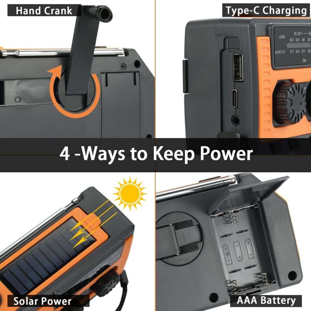 Multi-function solar-powered hand radio - 5000mAh emergency power, AM/FM/NOAA, waterproof flashlight and reading light #JL07-HY068-Orange - Image 3