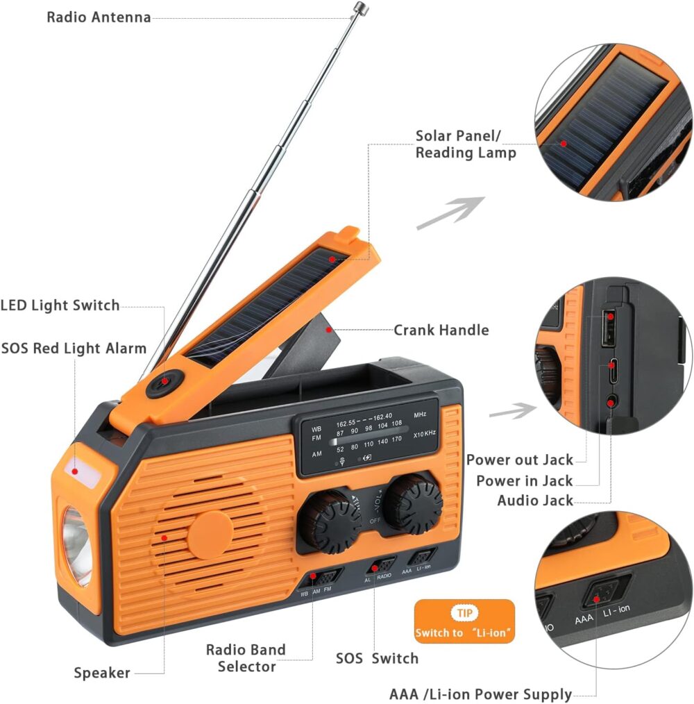 Multi-function solar-powered hand radio - 5000mAh emergency power, AM/FM/NOAA, waterproof flashlight and reading light #JL07-HY068-Orange - Image 4