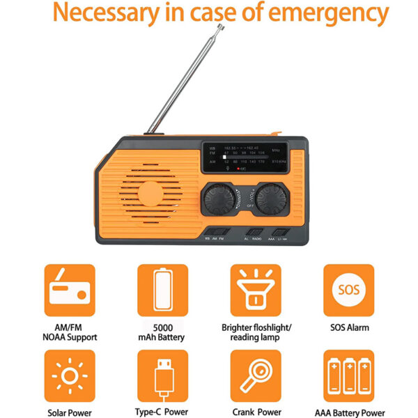 Multi-function solar-powered hand radio - 5000mAh emergency power, AM/FM/NOAA, waterproof flashlight and reading light #JL07-HY068-Orange - Image 7