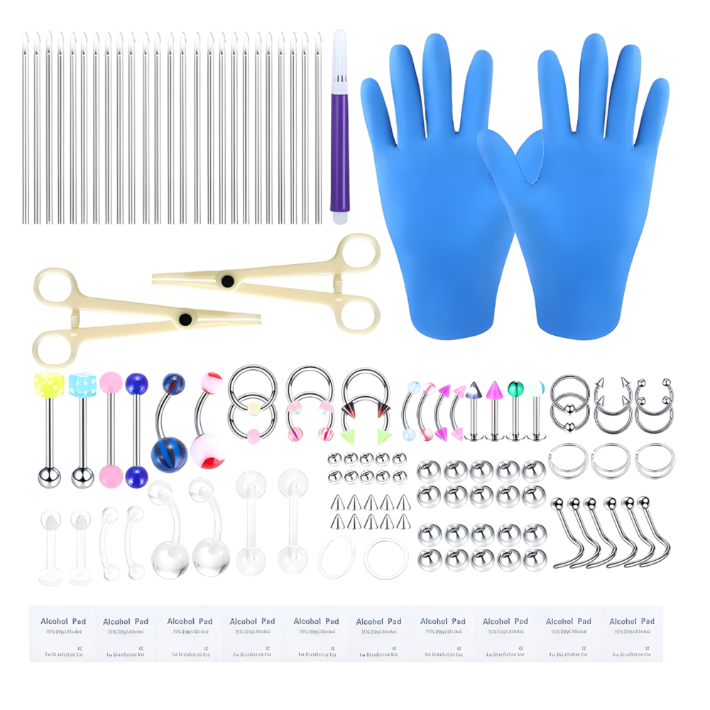 6541  124-piece professional piercing tools and accessories set - including alcohol pads, gloves, tweezers and various piercing needles #JL01-BEGS14