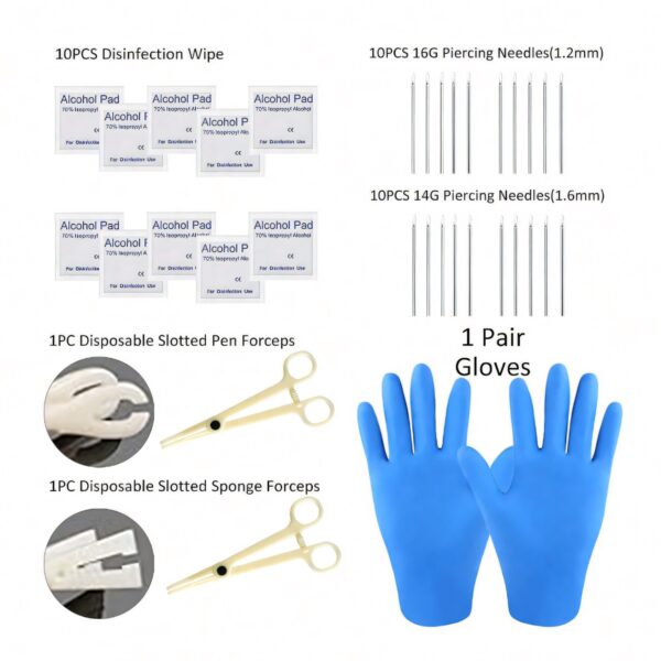 6541  124-piece professional piercing tools and accessories set - including alcohol pads, gloves, tweezers and various piercing needles #JL01-BEGS14 - Image 3